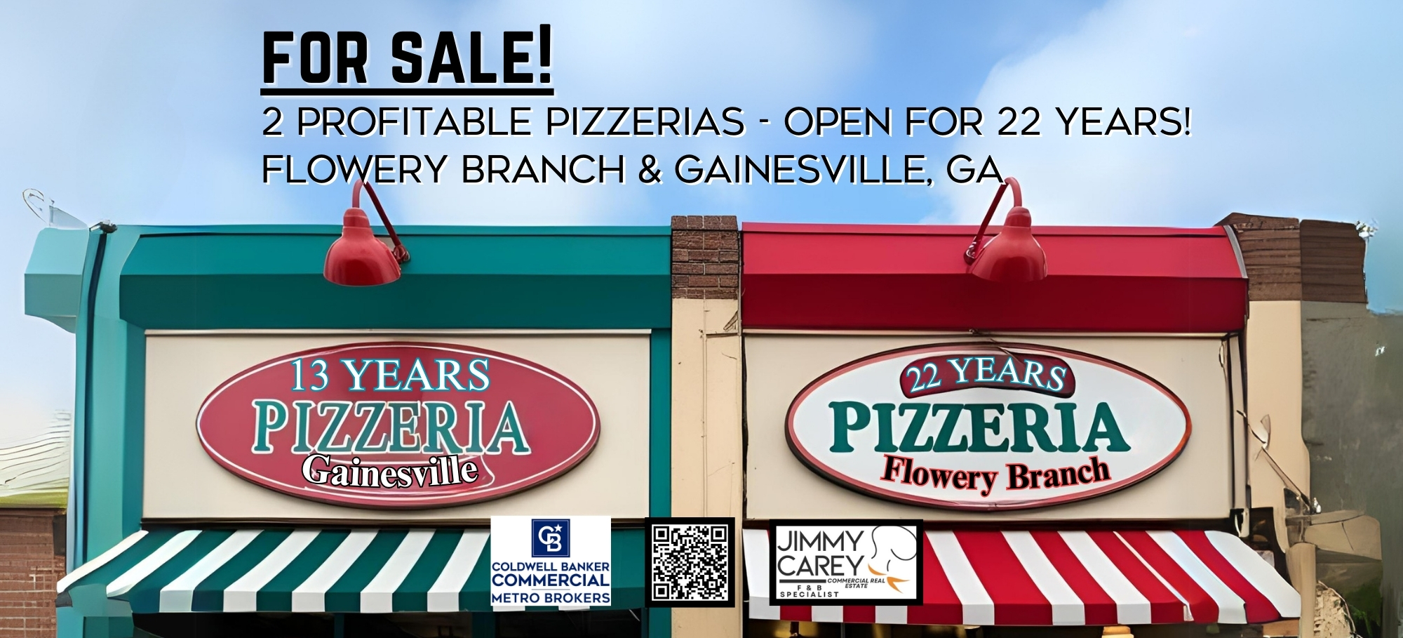 Colorful pizzeria signs with bright green and red colors, sold by the Jimmy Carey Commercial Real Estate Team