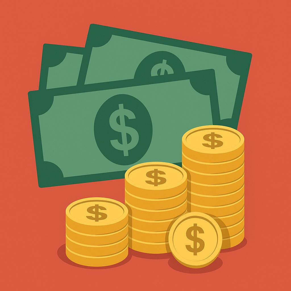 Flat-design illustration featuring stacks of gold coins and green U.S. dollar bills on a red background, symbolizing wealth, capital, or proof of funds. Commonly used in financial, business, or investment contexts. Associated with Jimmy Carey Commercial Real Estate, Atlanta Restaurant Business Broker.