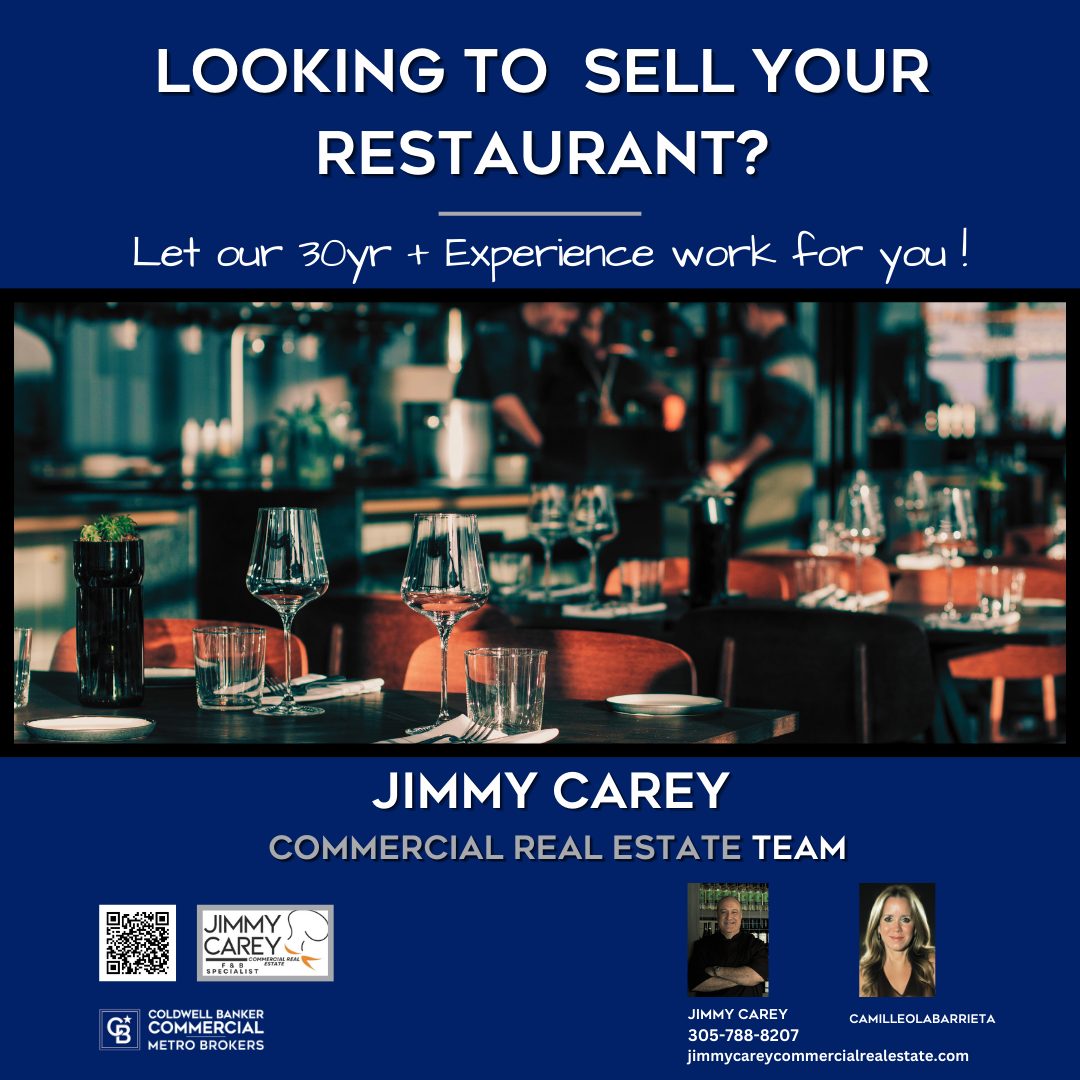 Marketing flyer for Jimmy Carey Commercial Real Estate Team promoting restaurant sales services in Atlanta. Includes contact info, professional photos, and a message about 30+ years of experience.